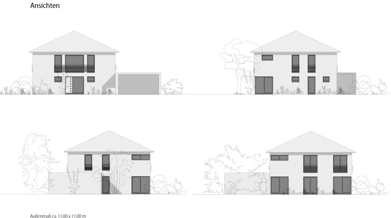 Four views of a two-story house with pitched roofs, window fronts and garden.