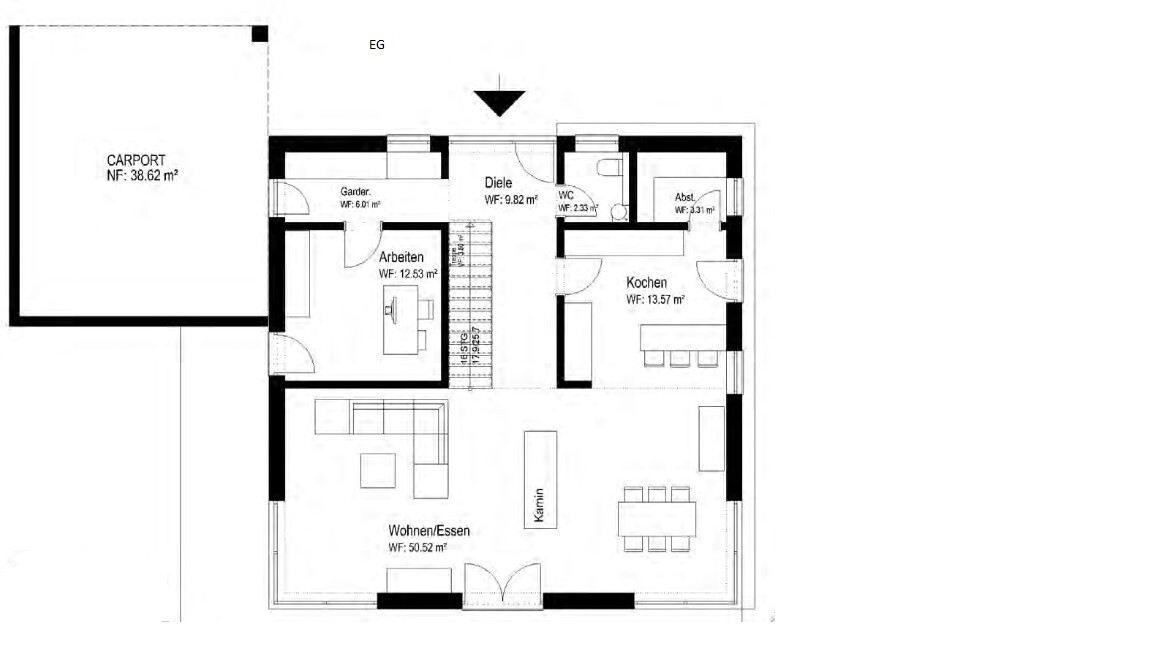 Ground floor plan: Carport on the left, hallway, living/dining area, fireplace, kitchen, office, WC, storage room.