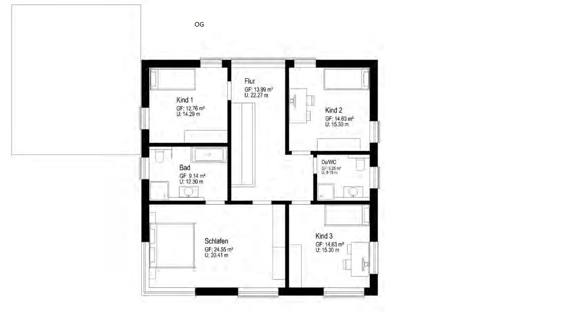 Upper floor plan with bedroom, bathroom, corridor, three children’s rooms and shower/WC.