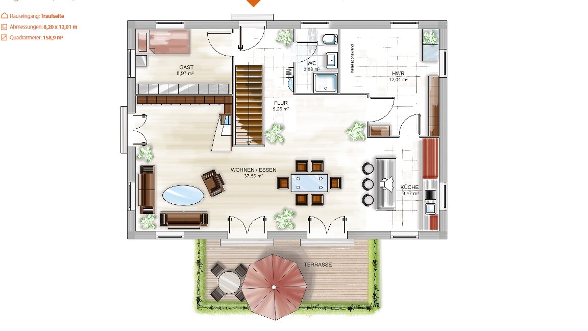 Ground floor plan: Living room, dining area, kitchen, guest room, corridor, WC, utility room and terrace.