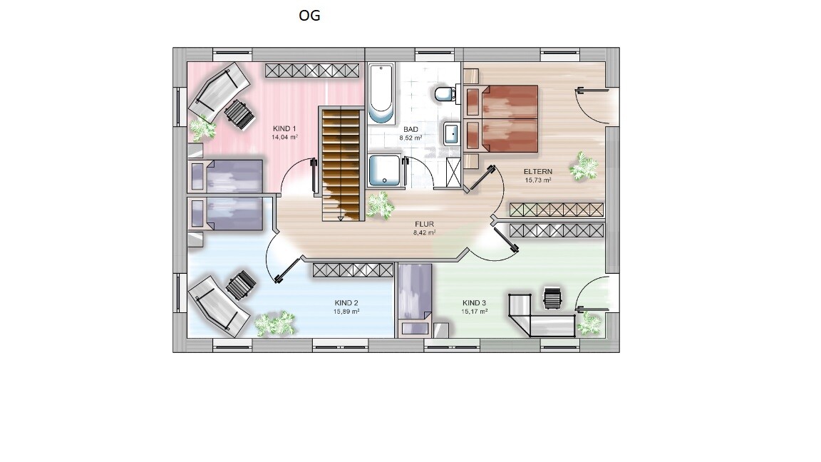 Upper floor plan: Corridor, staircase, bathroom, master bedroom and three children’s rooms.