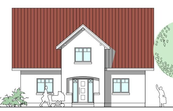Weiße Villa mit rotem Dach, zentrale Tür, Fenster links/rechts; Person mit Kinderwagen links.