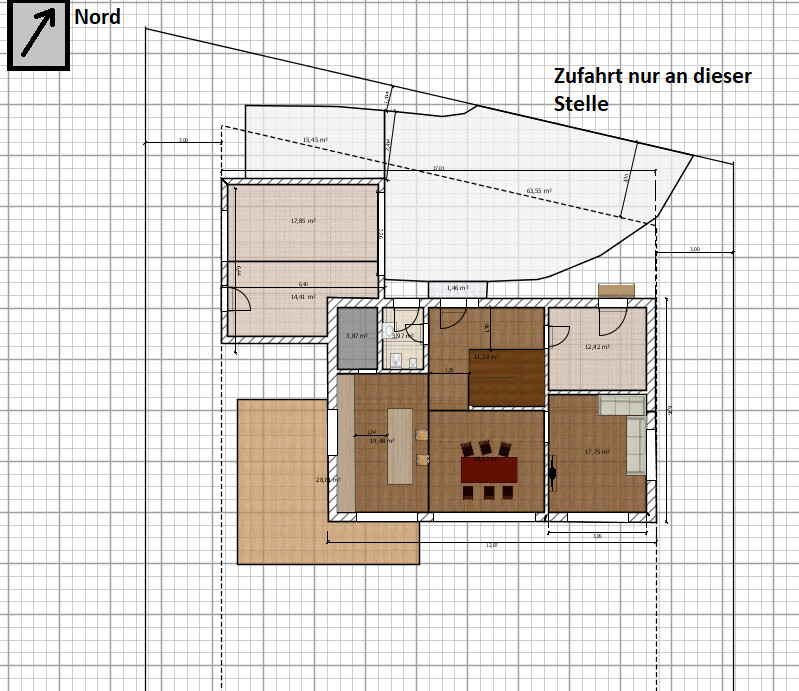 2D floor plan of a house with rooms, entrance, and terrace