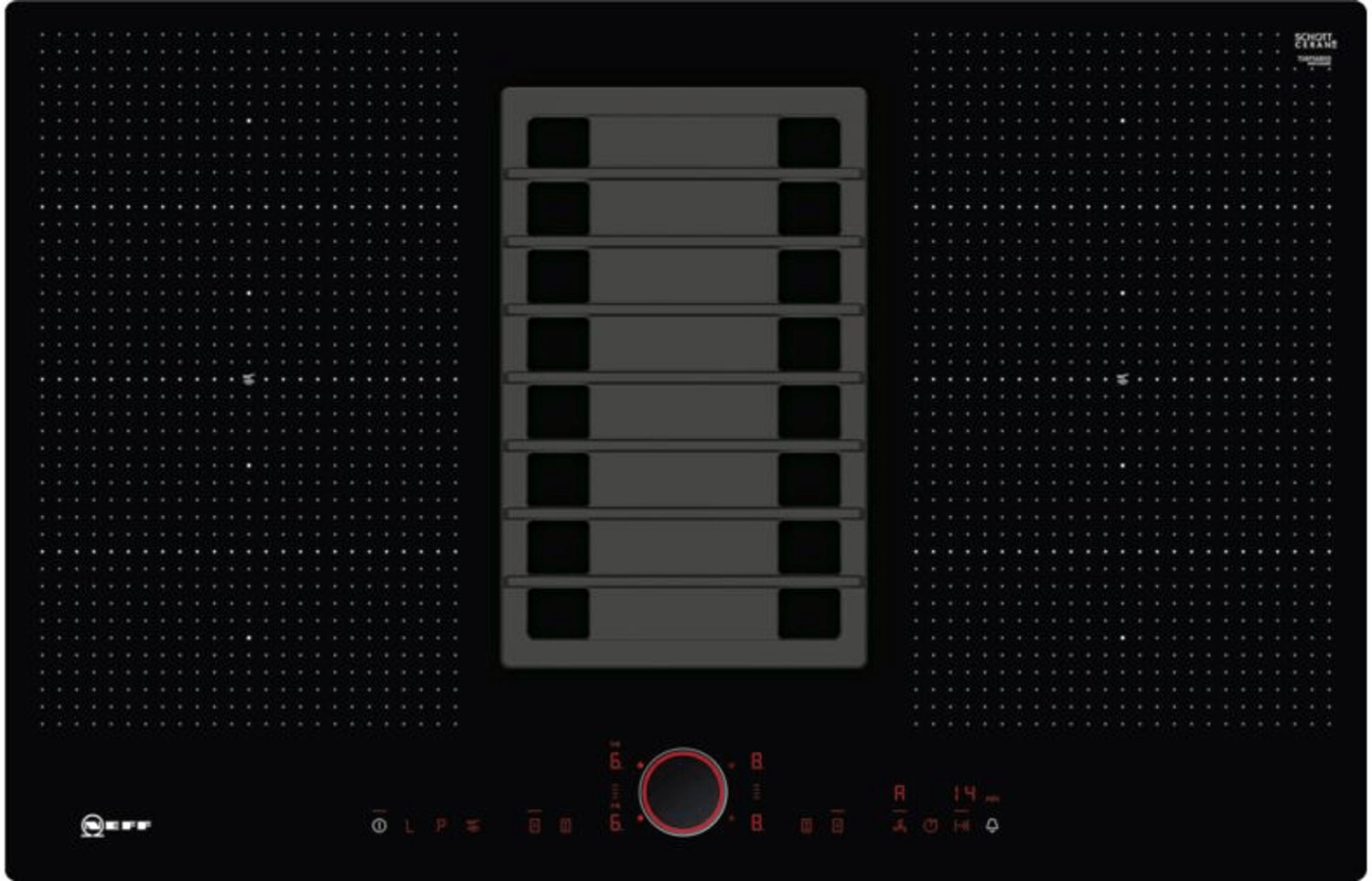 Black induction cooktop with multiple cooking zones and red control knob at the bottom edge