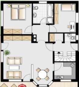 2D floor plan of a house with living room, kitchen, dining area, and entrance area.