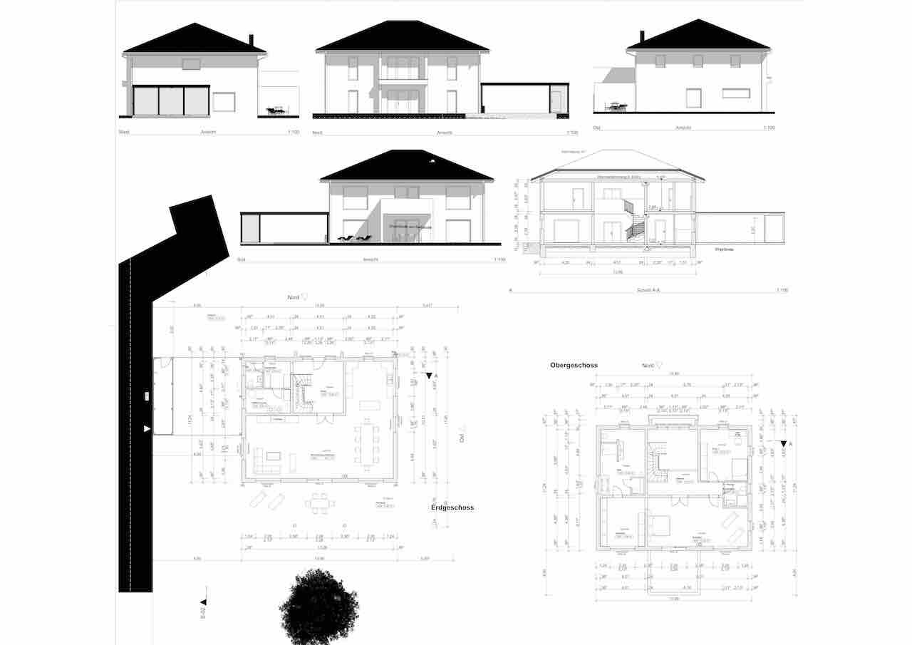 Architectural plans of a single-family house: front and side views and floor plans (ground and upper floor).