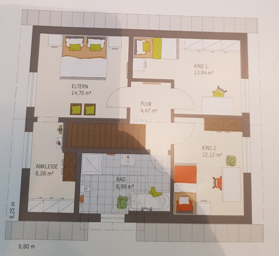 Floor plan of the upper floor with master bedroom, dressing room, bathroom, hallway, and two children's rooms.