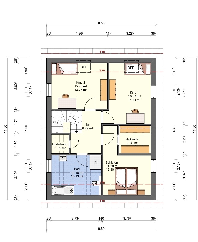 Upper floor plan: bedroom, two children's rooms, walk-in closet, bathroom, corridor, storage room.