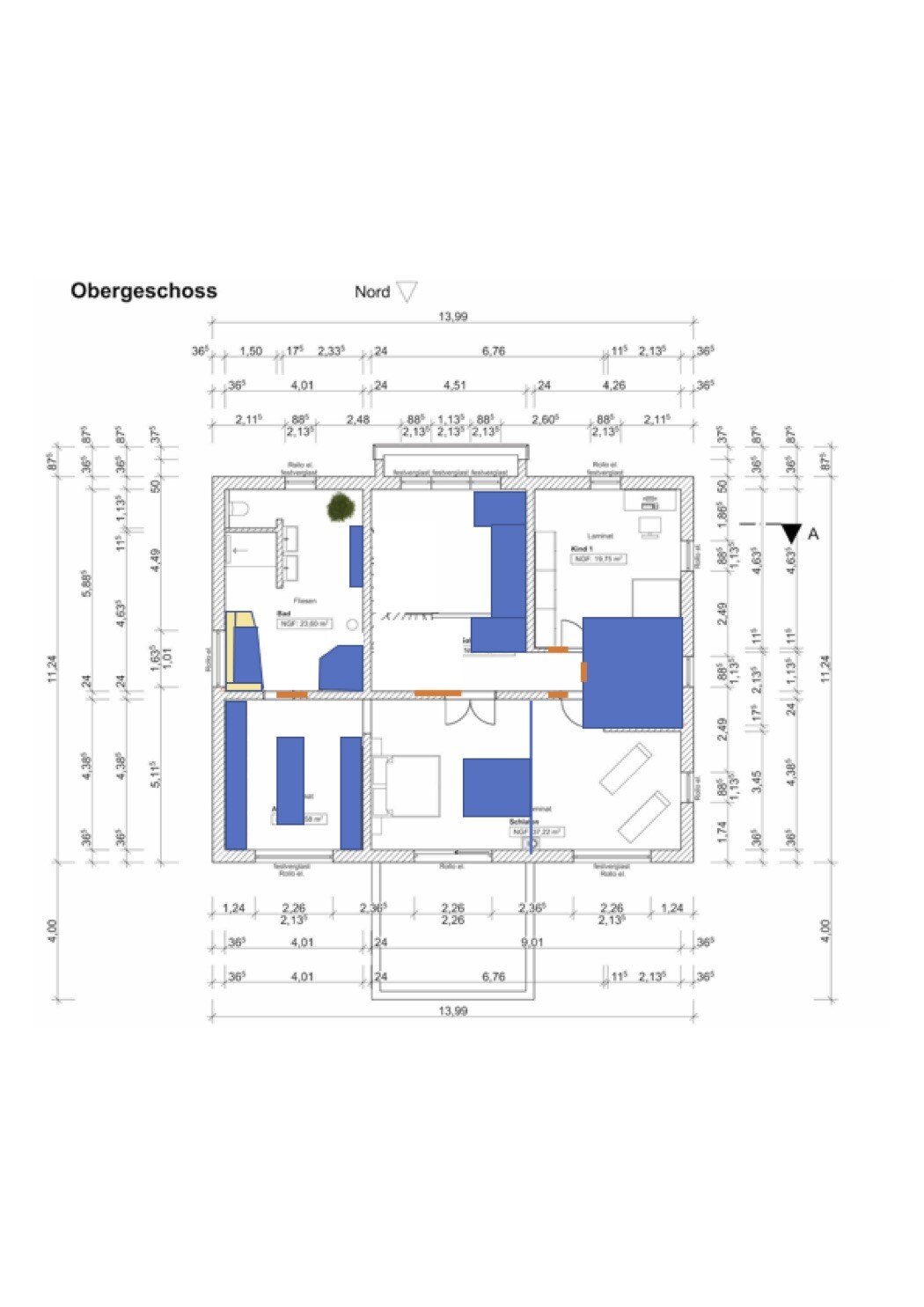 Upper floor plan with blue-marked furniture and surrounding measurements.
