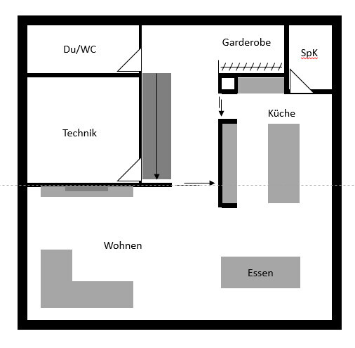 Floor plan of an apartment: Living, dining, kitchen, utility room, cloakroom, shower/WC, pantry.