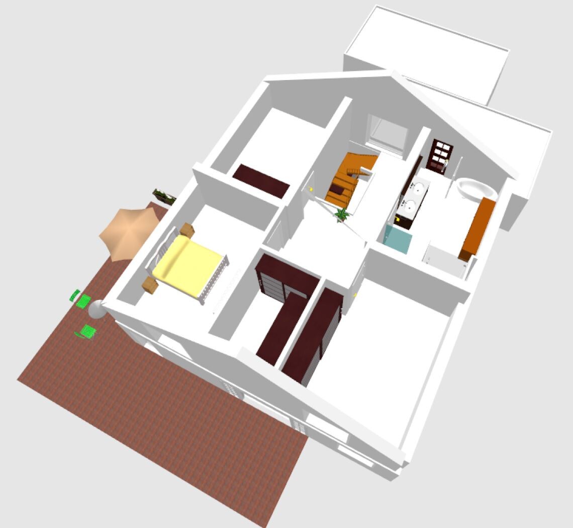 3D-Haus Grundriss mit Schlafzimmer, Bad, Terrasse und Wohnzimmer