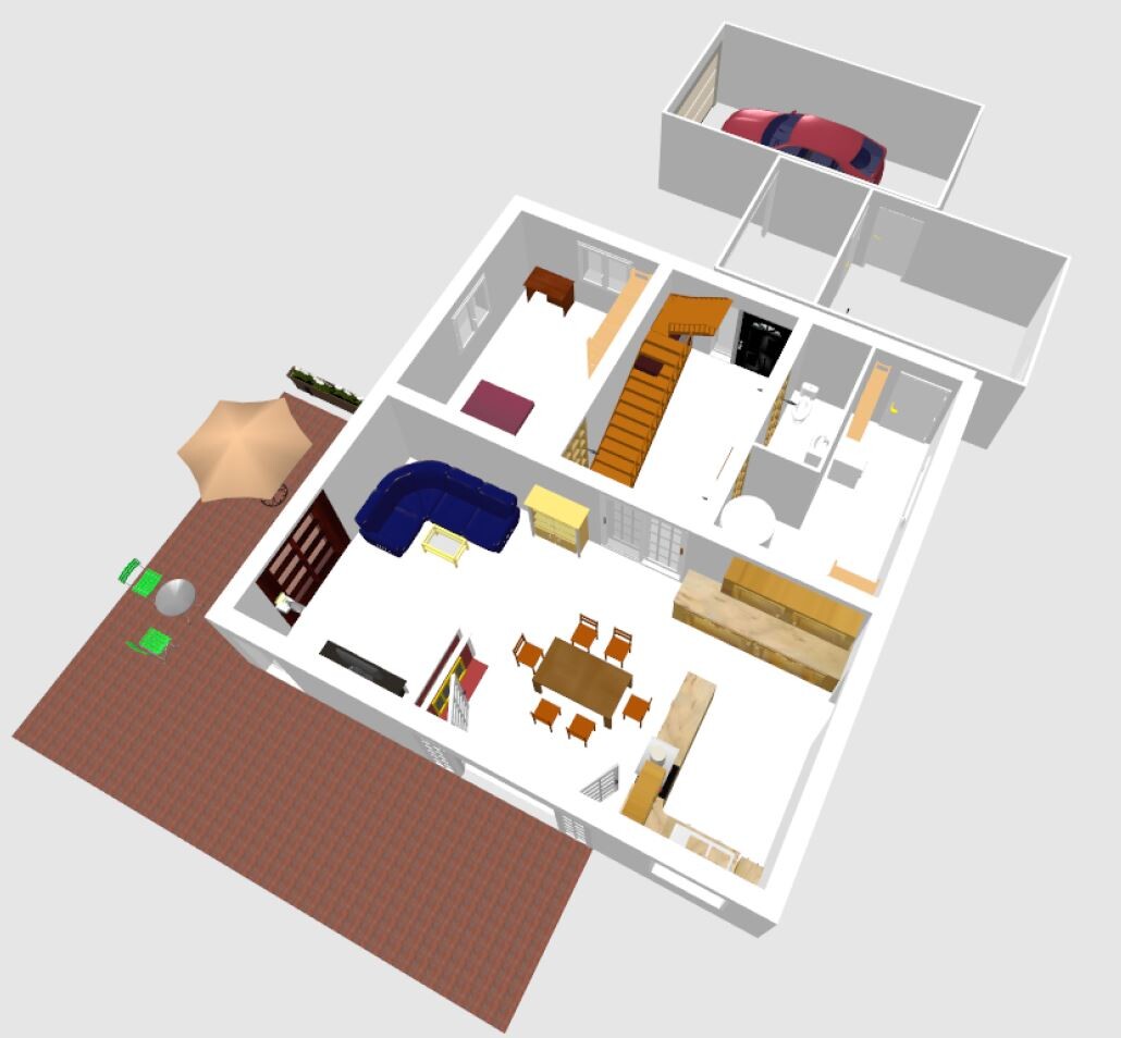 3D-Hausmodell mit moeblierten Innenraeumen und Terrasse