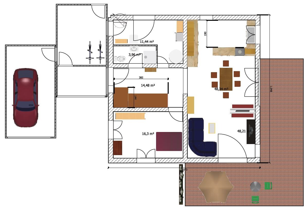 Grundriss eines Einfamilienhausplans mit Garage, Wohnzimmer, Küche und Terrasse.