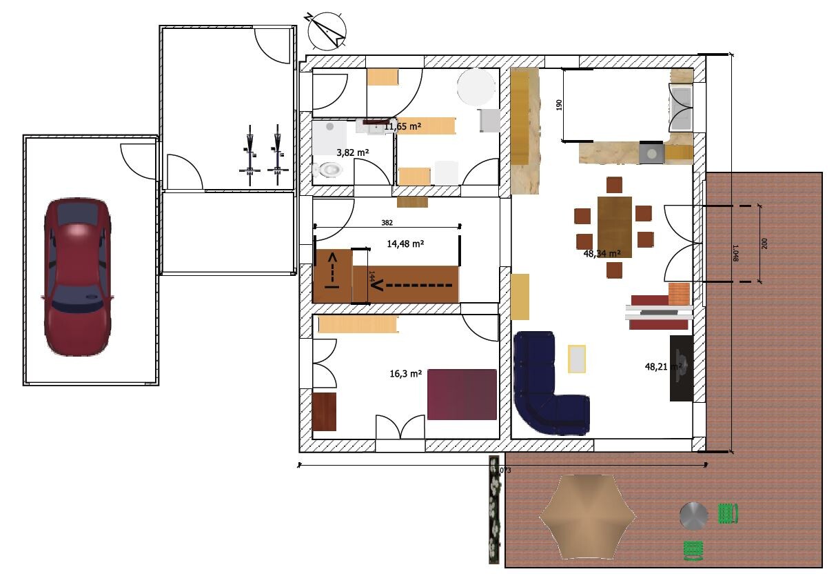 Detailed floor plan of a residential house with kitchen, living room, bathroom, bedroom, terrace and carport.