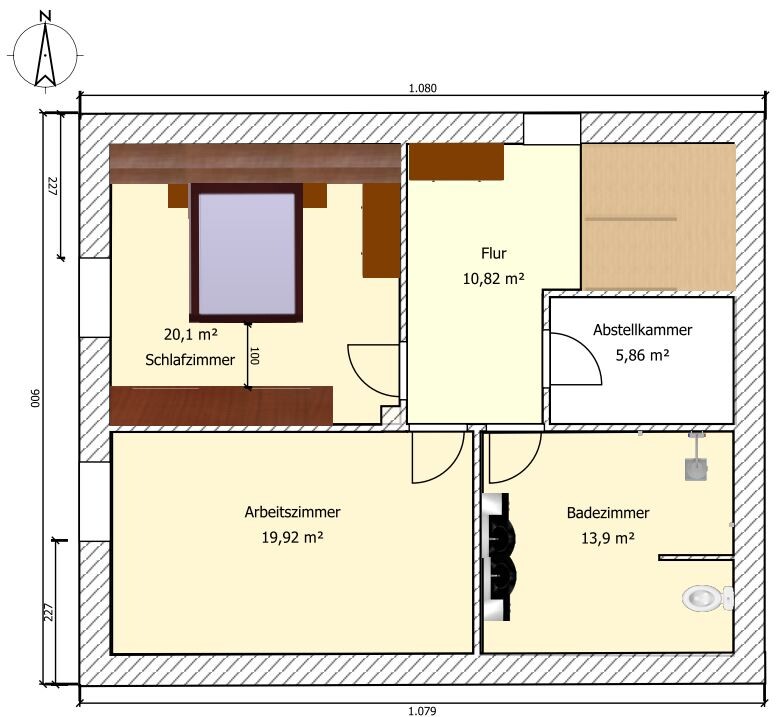 2D floor plan of a house with bedroom, study, hallway, bathroom and storage room