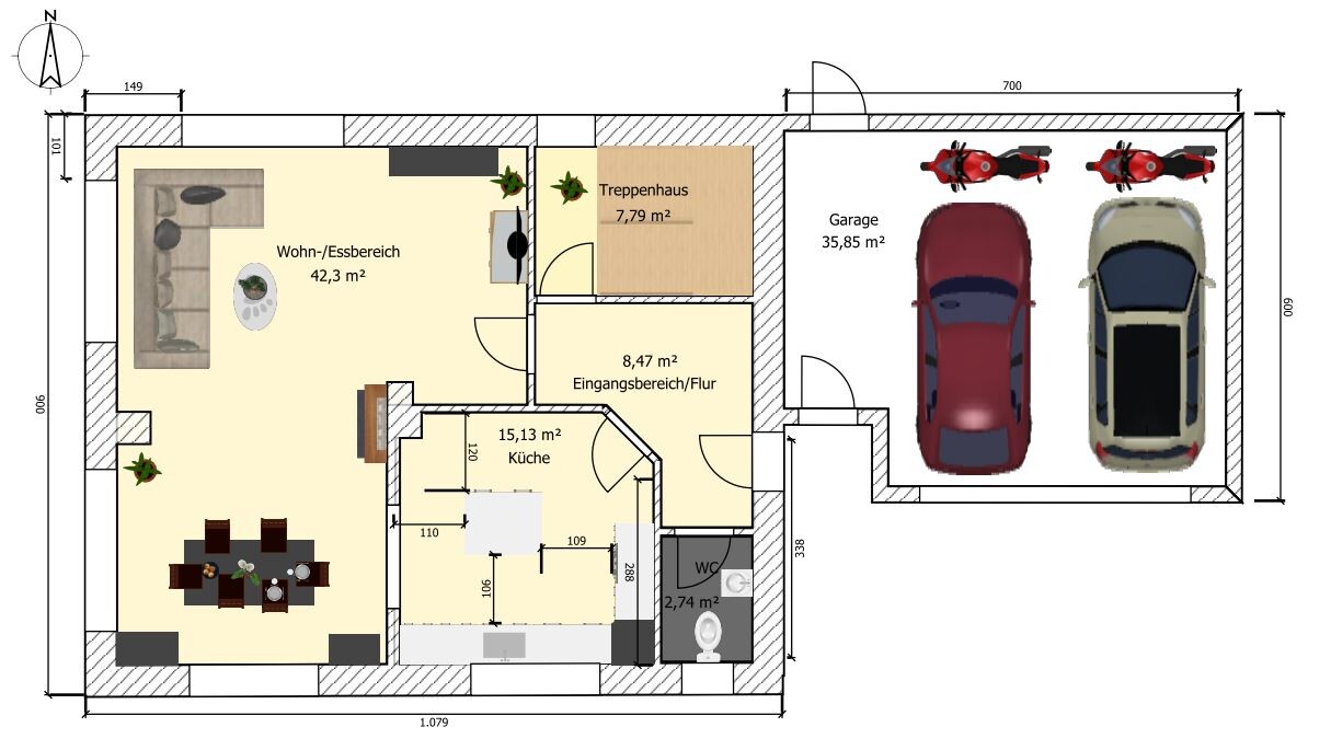 2D floor plan showing living and dining areas, kitchen, entrance area and garage.