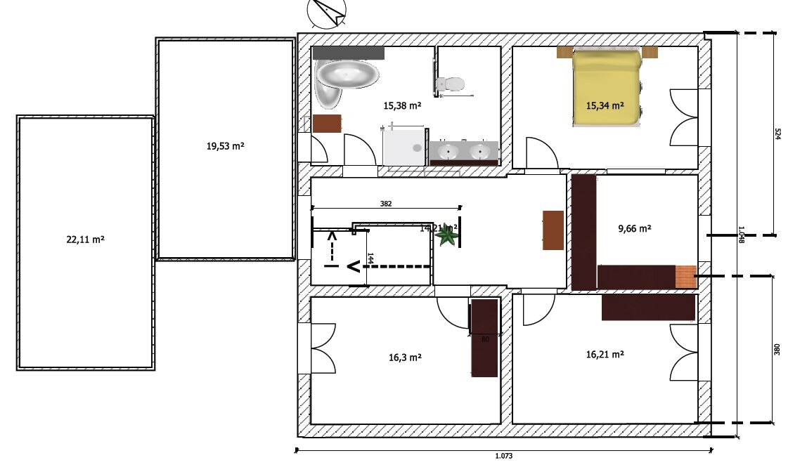 Grundriss eines Hauses mit mehreren Zimmern, Bad, Schlafzimmer und Küche