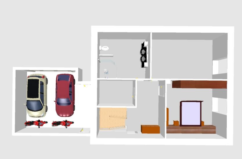3D floor plan of a house with garage, two cars, bedroom and bathroom inside