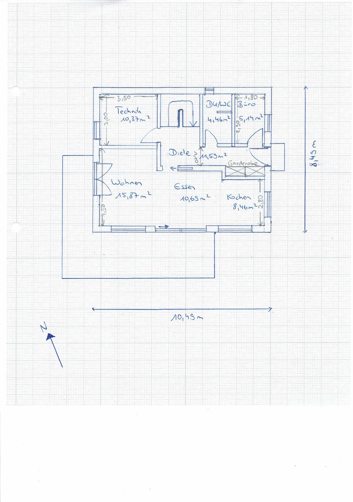 Hand-drawn floor plan of a house with living, dining, kitchen, hallway, wardrobe, utility room and WC.