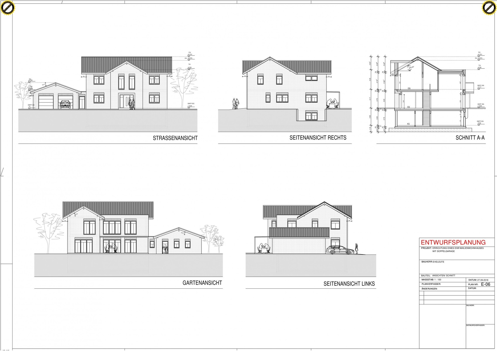 Two-story house design with garage; front, right/left sides, garden, cross-section A-A.