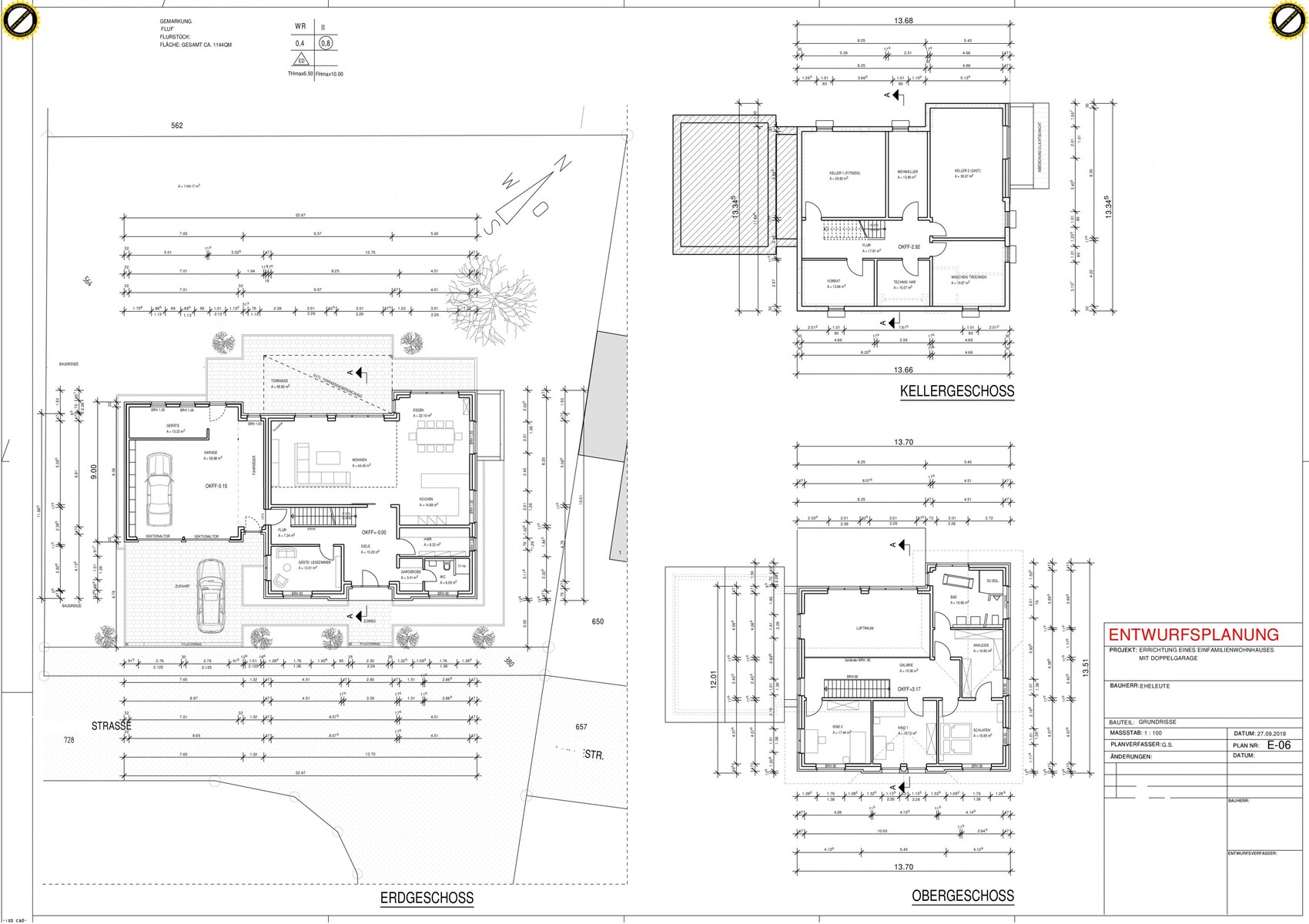 Architectural plans: ground floor, upper floor and basement of a house