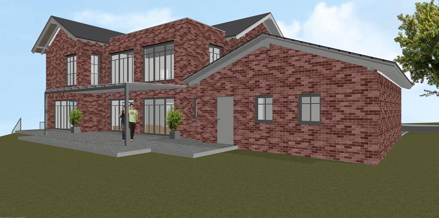 Modern red brick house with terrace, two people in front of glass doors, garden.