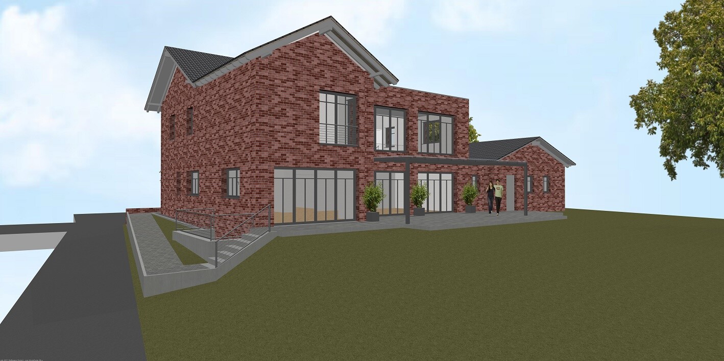 Two-story red brick house with glass fronts, terrace, planters, two people at entrance.