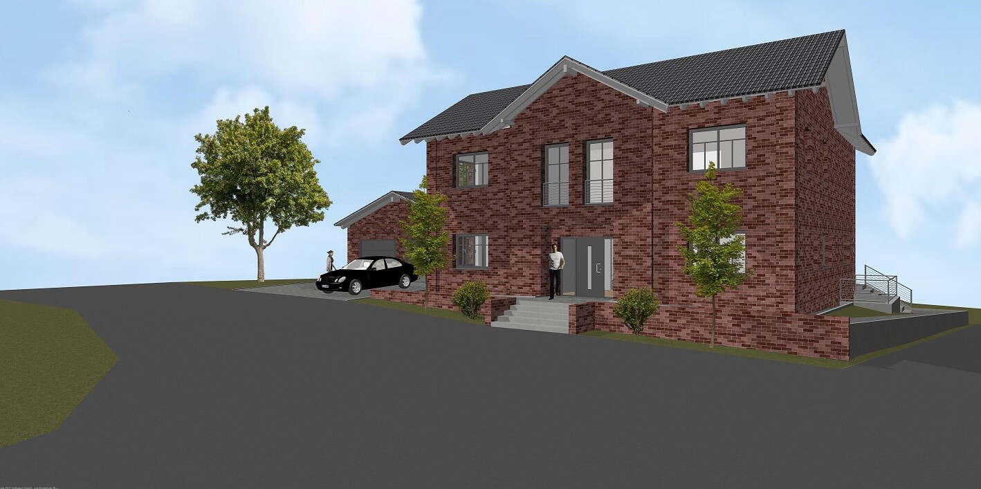 Large red brick house with stairs to entrance, car in front, trees on the property.