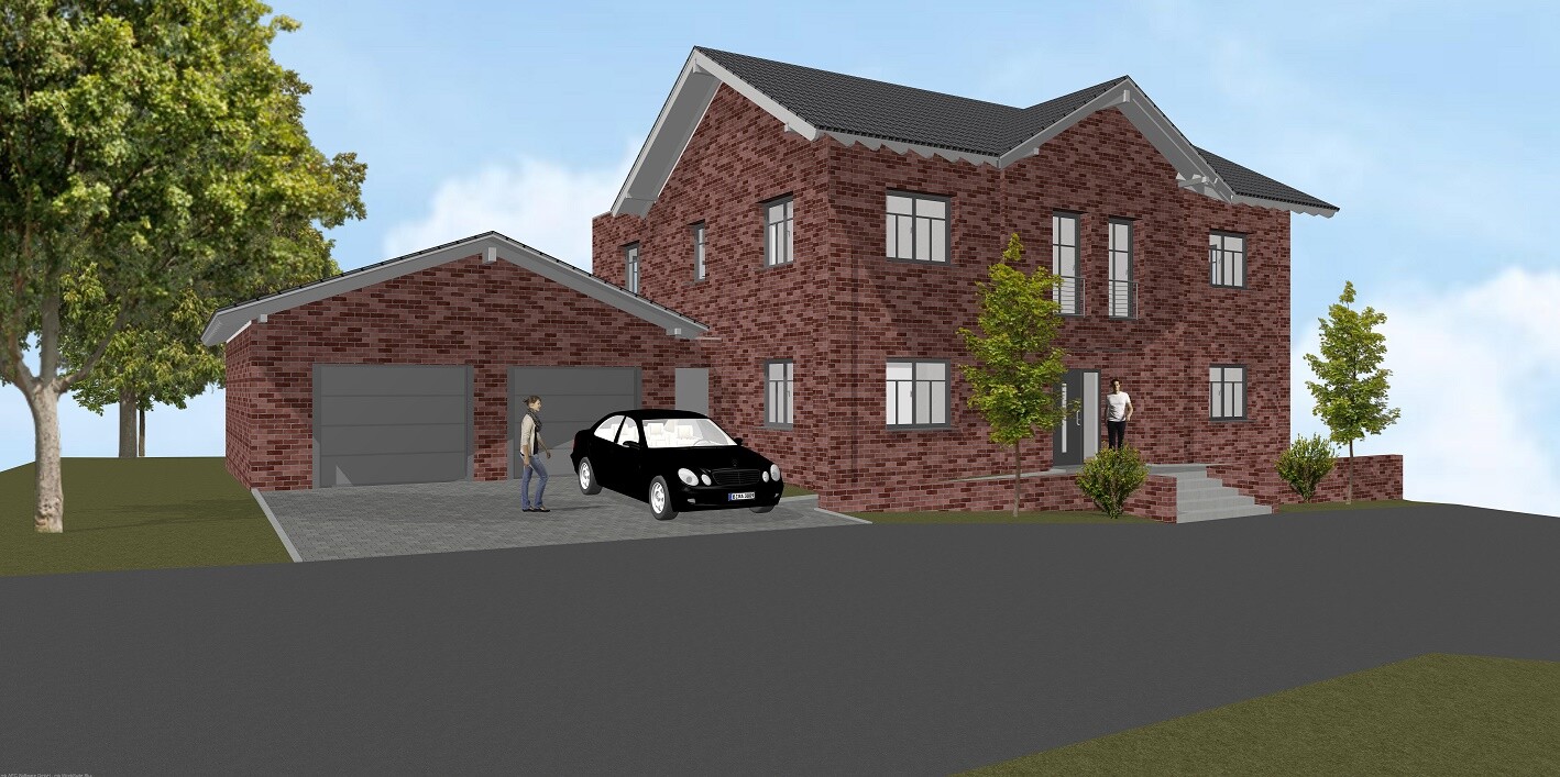 Large red brick house with garage, black car in driveway, two people at entrance.