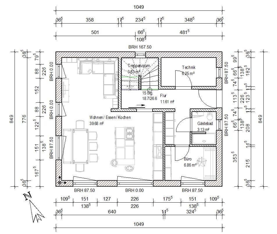 Floor plan of a house: open living/dining/kitchen area; office; guest bathroom; utility room; hallway; staircase.