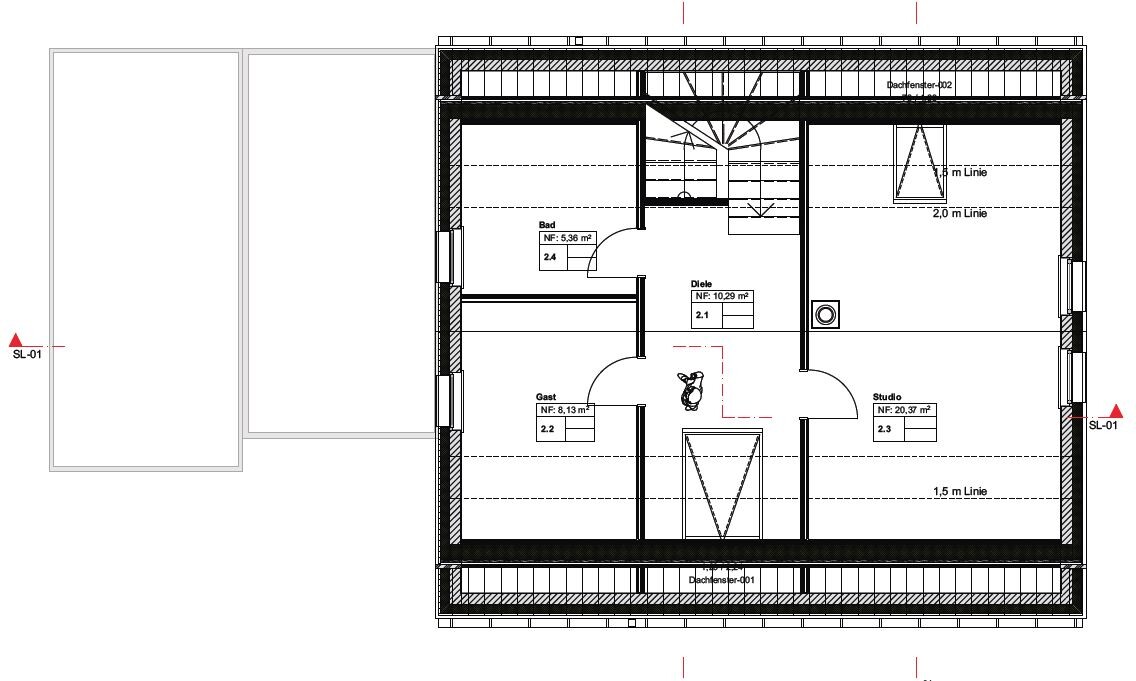 Detaillierter Grundriss eines Hauses mit Bad, Studio, Diele und Gästezimmer