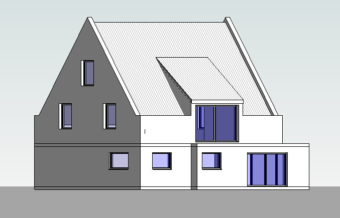 Front view of a modern house with a pitched roof in 3D representation.
