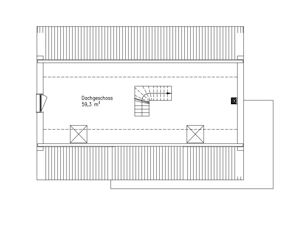 Attic floor plan with staircase, open space, and roof structure.