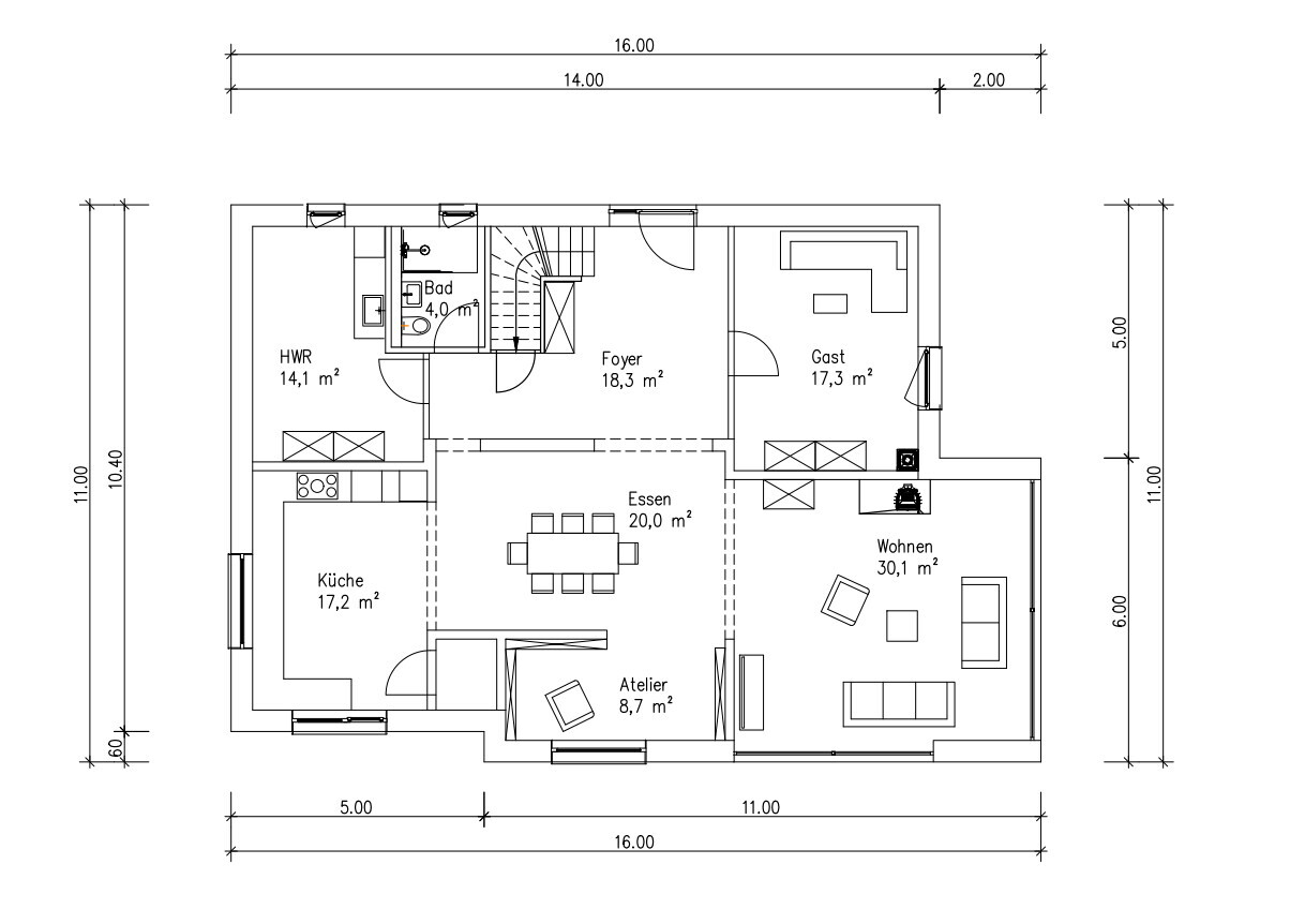 Floor plan of a single-family house with kitchen, dining area, living room, studio, and bathroom.