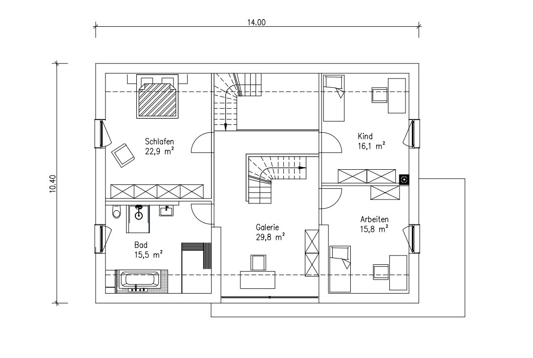 2D floor plan of a house with bedroom, bathroom, gallery, and study.