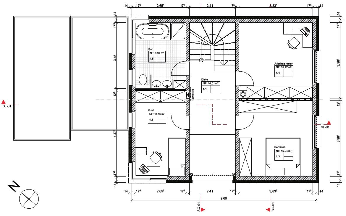 2D-Grundriss eines Einfamilienhauses mit Bad, Schlafzimmer, Arbeitszimmer und Flur