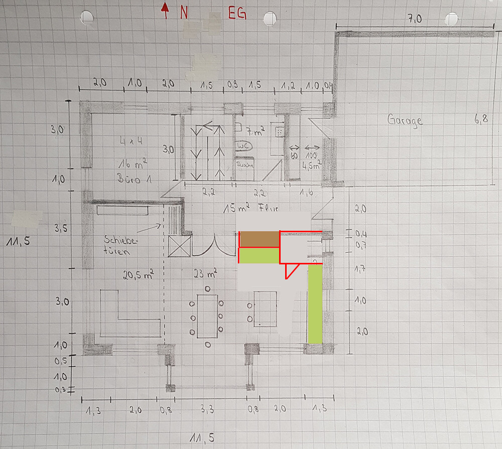 Hand-drawn floor plan of a house with garage, office, and color-coded areas.