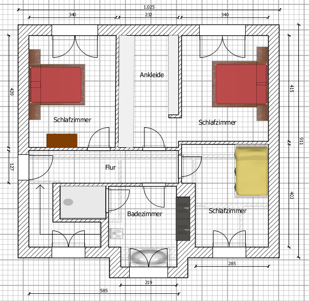 Floor plan: three bedrooms (two red beds, one yellow bed); walk-in closet; hallway; bathroom.
