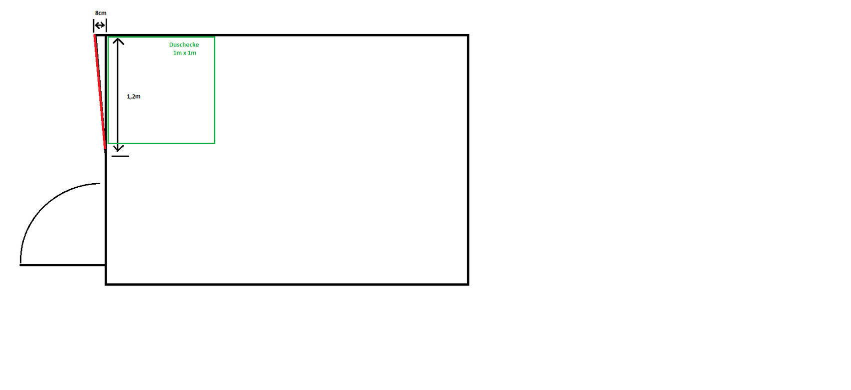 2D bathroom floor plan with shower corner in the corner, door on the left, clear room outlines