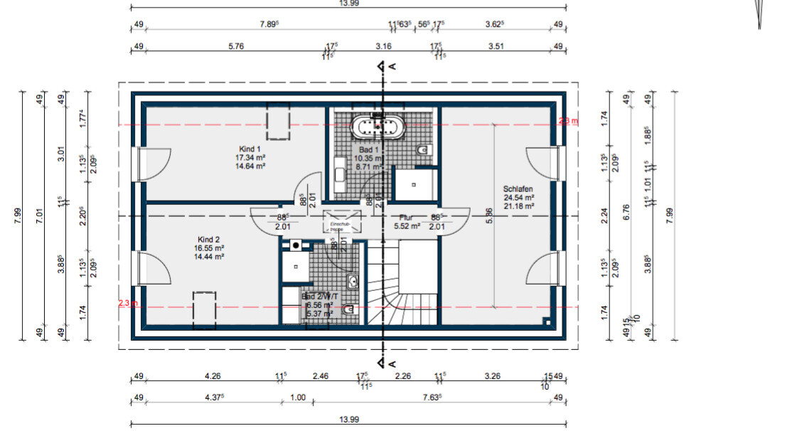 2D floor plan of a house with bedroom, children’s rooms, bathroom and hallway