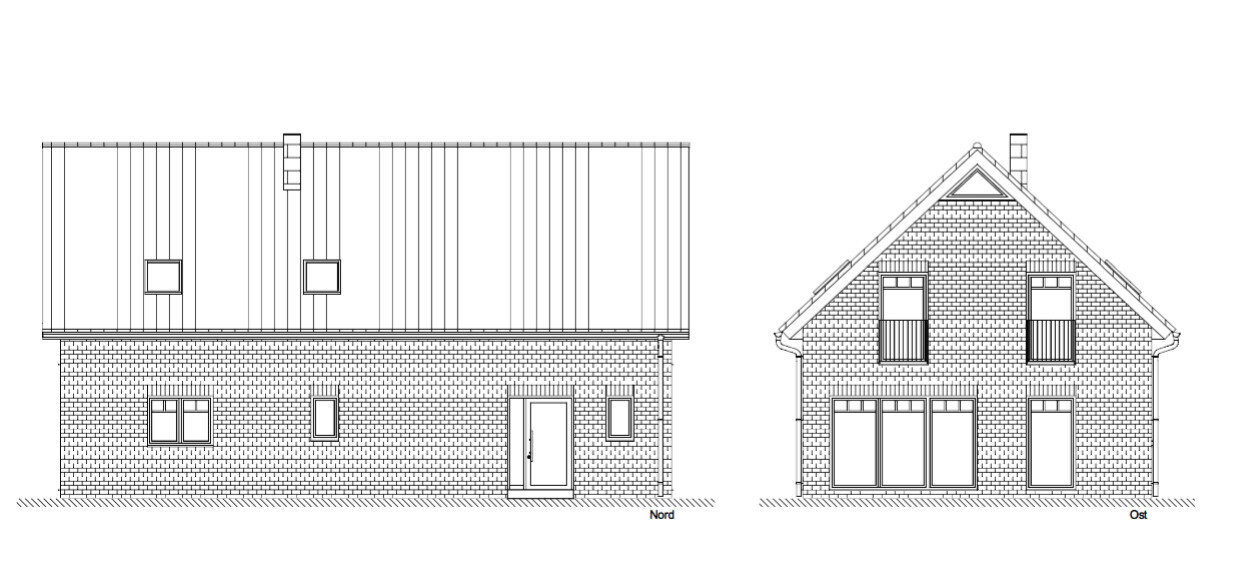 Front and side view of a two-story brick house