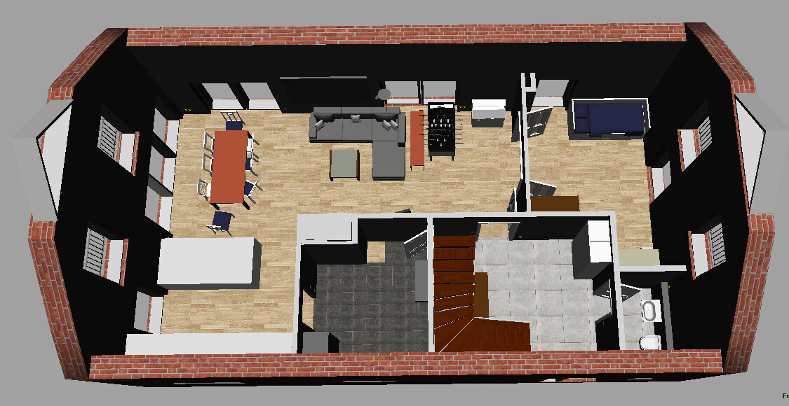 Top-down 3D floor plan of a house with living room, dining area, kitchen, hallway and stairs