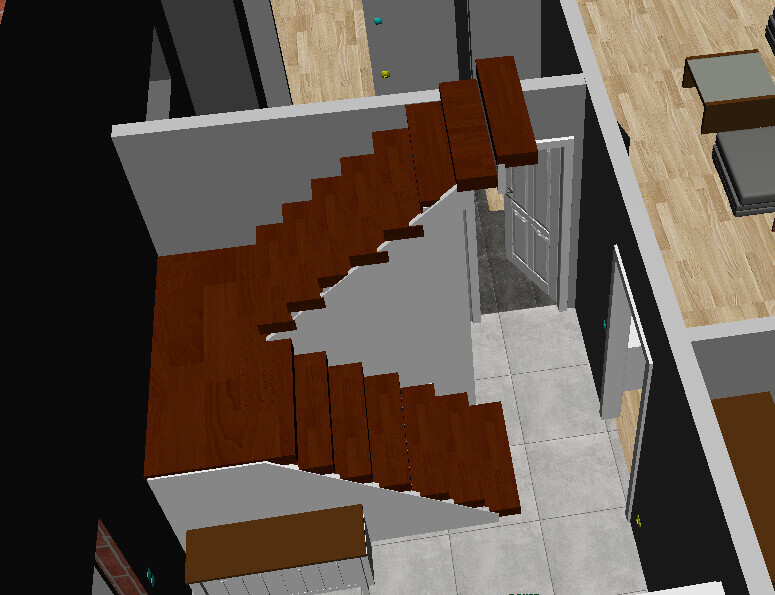 3D model of a modern wooden staircase in the stairwell