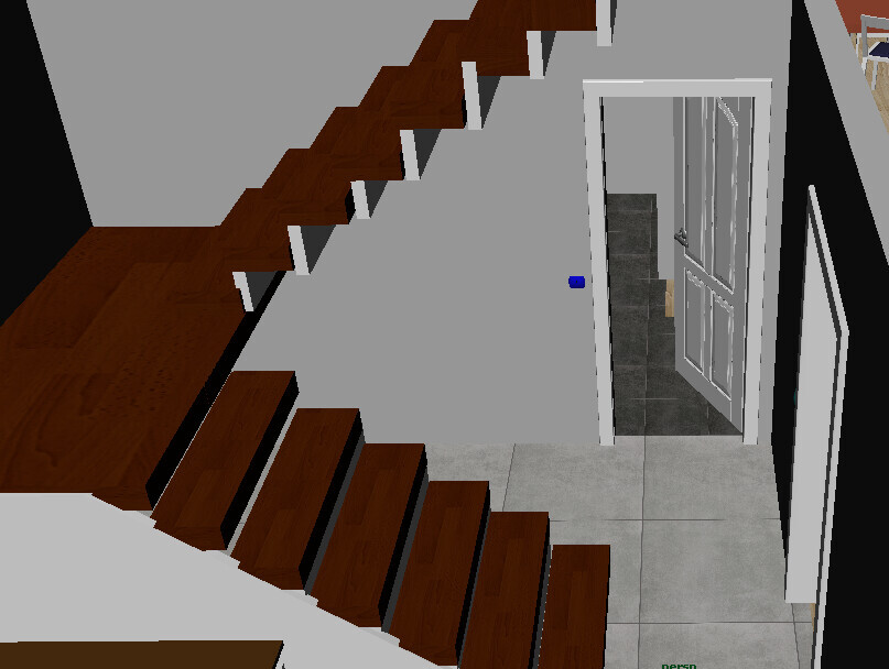 3D view of a staircase with wooden steps, gray floor and door to the hallway
