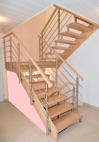 Modern wooden staircase with steel railing indoors
