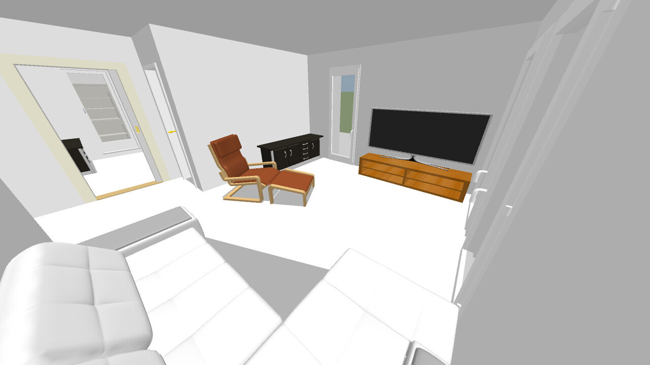 Wohnzimmer mit großem Fernseher auf Holz-Konsole, braunem Ledersessel und weißem Sofa.