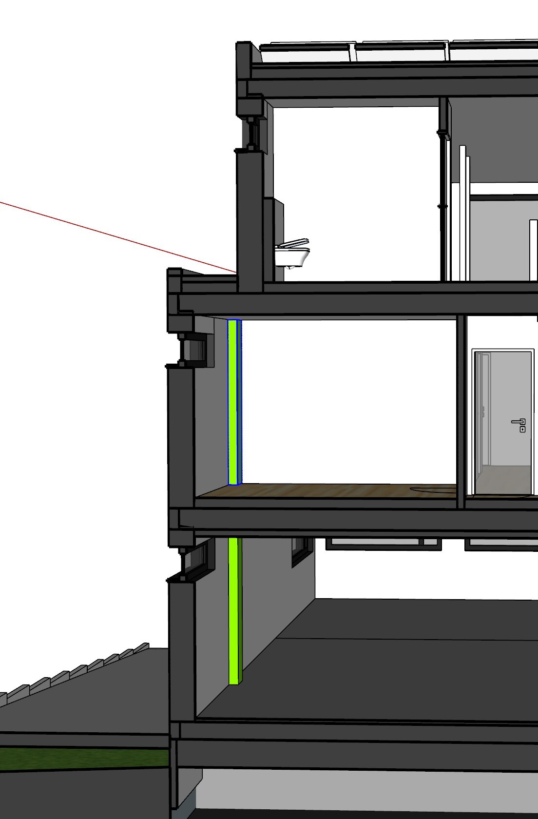 Cross-section through a multi-story building with interior spaces, stairs, and sanitary area.