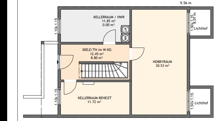 Basement floor plan: hobby room, heated basement room, hallway, utility room, light wells.