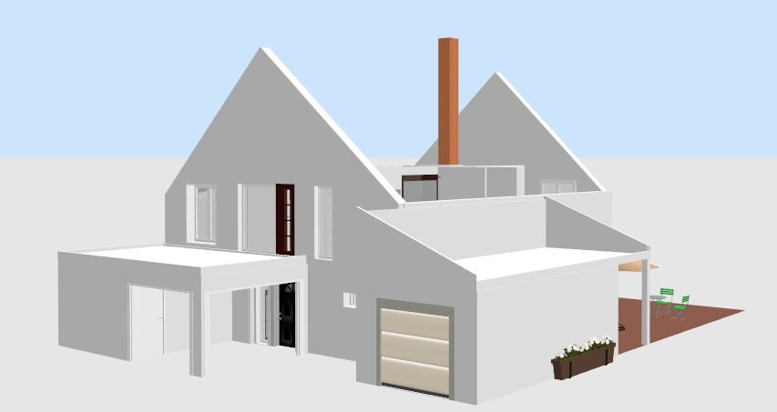 Modern 3D exterior view of a house with carport and several building sections
