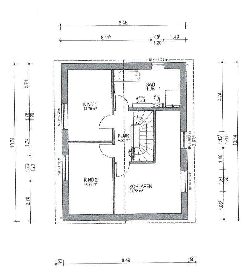 Upper floor plan: master bedroom, two children’s rooms, bathroom, hallway, and stairwell.